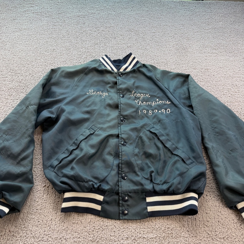 Vintage 80s Pla-Jac Dunbrooke Teal Bomber Jacket League Champions 1989-90 Med